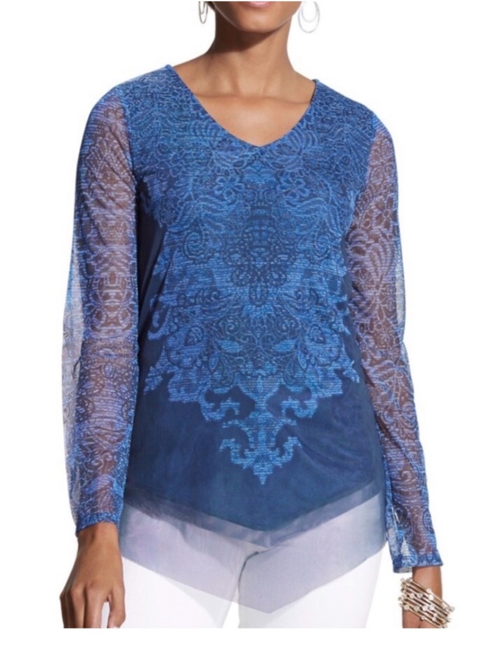 Chico's Blue Sheer Mesh Paisley V-Neck Long Sleeve Pullover Top Womens 2 (L)
